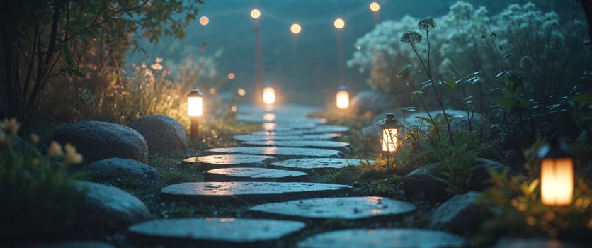 Stone path with lanterns in the rain photo