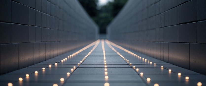Illuminated pathway with numerous evenly spaced lights on tile surface. photo