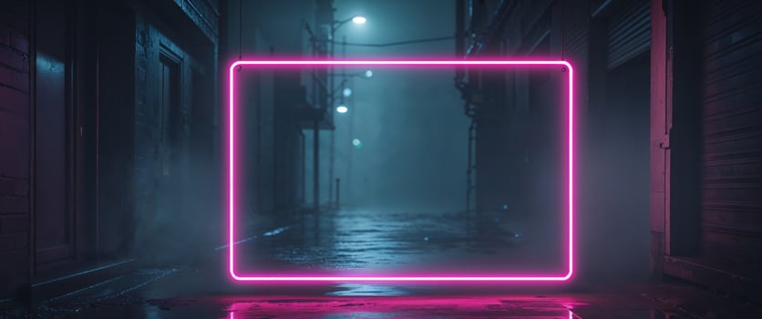 Neon neon square frame in a dark alley photo