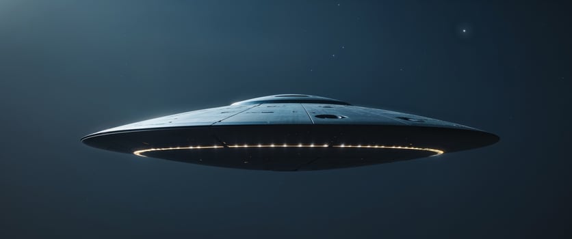 A Dark Metallic Flying Saucer With Glowing Lights In Space photo