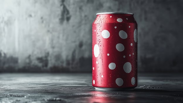 A vibrant red can adorned with bold white polka dots rests on a rough surface. The can is surrounded by a dimly lit atmosphere, water droplets clinging to its surface, adding an appealing texture. photo