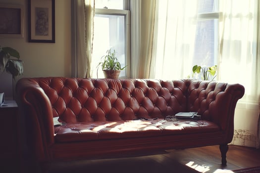 close-up old weathered leather red sofa on a wooden parquet floor near large window with curtain, stylish living room interior photo