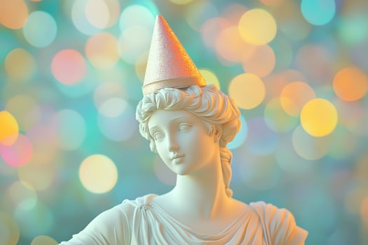 birthday postcard roman antique female statue in festive party hat on blurred bokeh lighting background photo