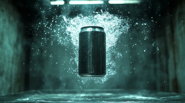 A black can of beverage hovers above a surface, surrounded by splashing water and mist. Glowing lights create a dramatic atmosphere in a dark setting, highlighting the can's design. photo