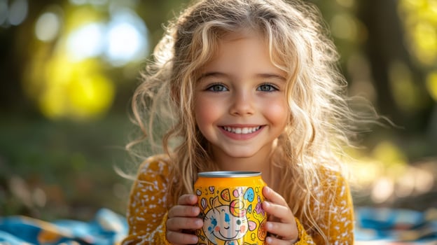 A cheerful young girl with curly hair enjoys a colorful drink during a sunny day in a lush outdoor area. The warm sunlight enhances her radiant smile as she relaxes on a blanket. photo