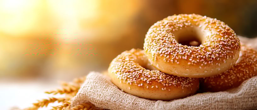 Fresh sesame bagels on linen fabric. photo