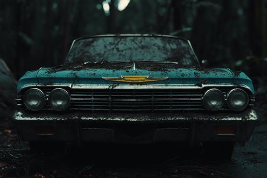 Abandoned classic car resting in a mysterious forest. photo