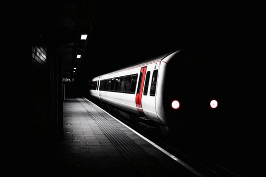 Train waits quietly at a dimly lit platform. photo