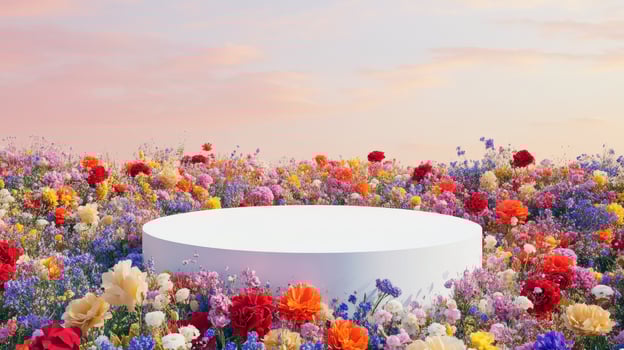 White platform in vibrant flower meadow against pastel sky at sunset photo