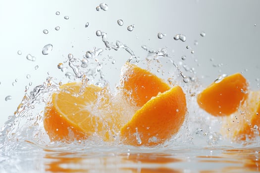 Fresh orange slices splashing in water, capturing a vibrant and refreshing moment. photo