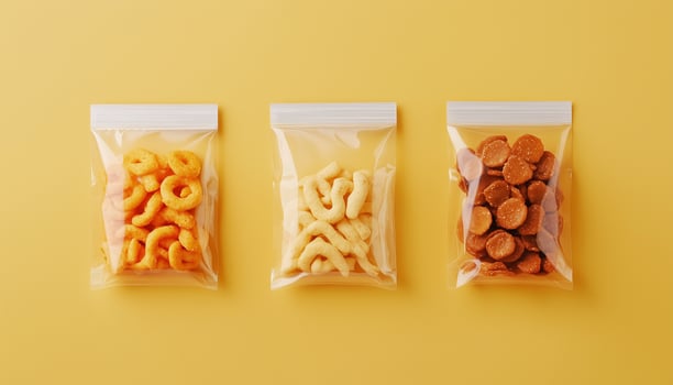 Snack pack matt transparent plastic salty crunchy for relax time yellow background photo