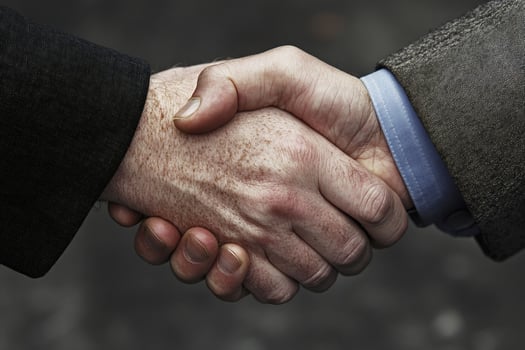 Business partners engage in a firm handshake outdoors. photo