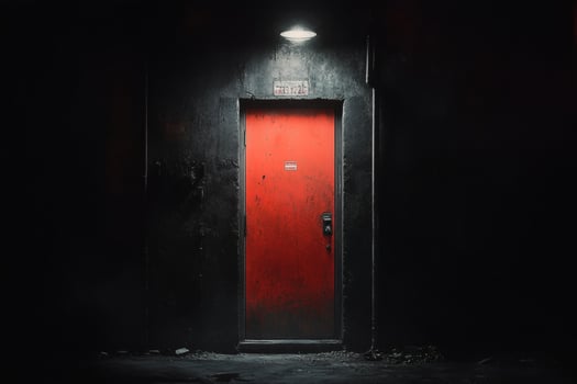 Mysterious red door stands alone in dimly lit alleyway. photo