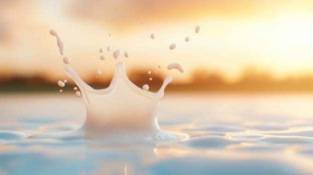Milk splashing action at sunset calm water background nature photography tranquil environment close-up view photo