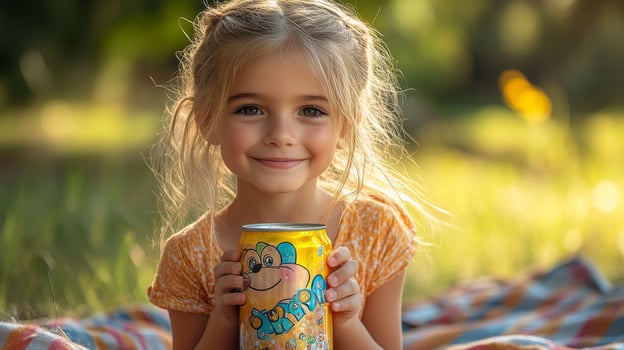 A young girl with long hair enjoys a sunny day in a park while holding a bright drink can. She sits on a picnic blanket surrounded by green grass and flowers. photo