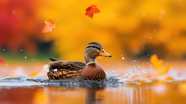 Ducks swimming in a colorful autumn pond nature scene vibrant background tranquil environment close-up view photo
