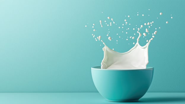 Dynamic milk splash action kitchen setting food photography vibrant background close-up viewpoint fresh concept photo