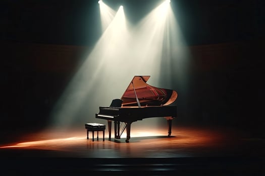 Grand piano shining under stage lights in empty concert hall photo