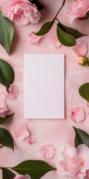 Dreamy floral greeting card mockup with pink roses and green leaves for romantic occasions photo