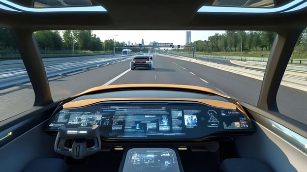 Futuristic self-driving car navigat a highway with advanced dashboard technology photo