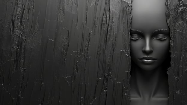 Sculptural Mannequin Face Emerging From Textured Dark Wall photo