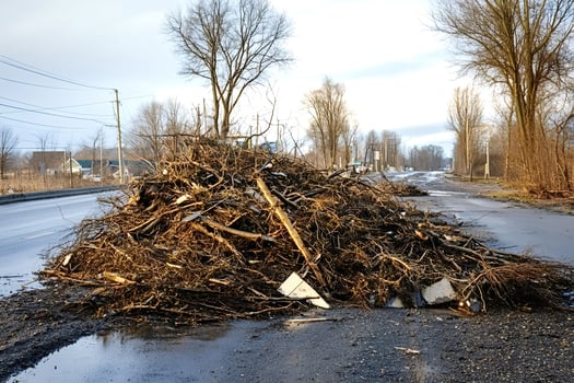 Pile of branches and debris blocking road after storm photo