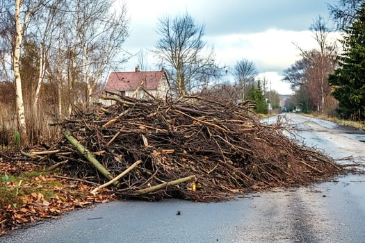 Pile of branches blocking asphalt road in rural area photo