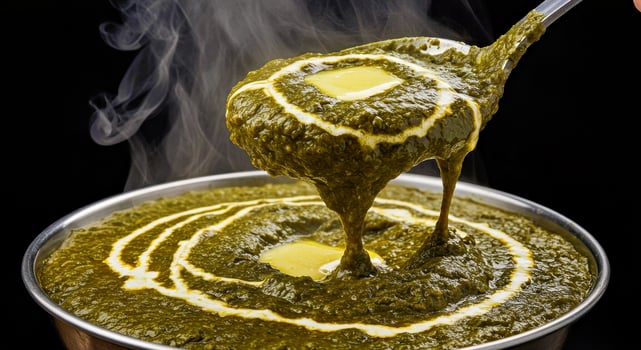 A spoon being used to stir a pot of green food photo