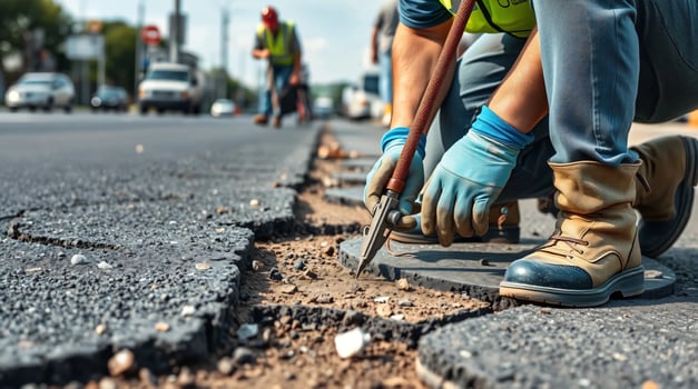 A man is repairing a road with a tool photo