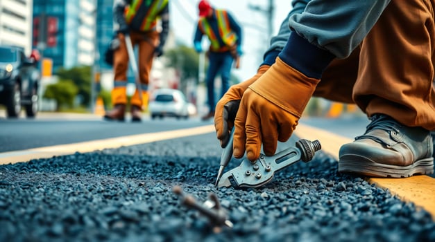 A worker is using a tool to repair asphalt photo