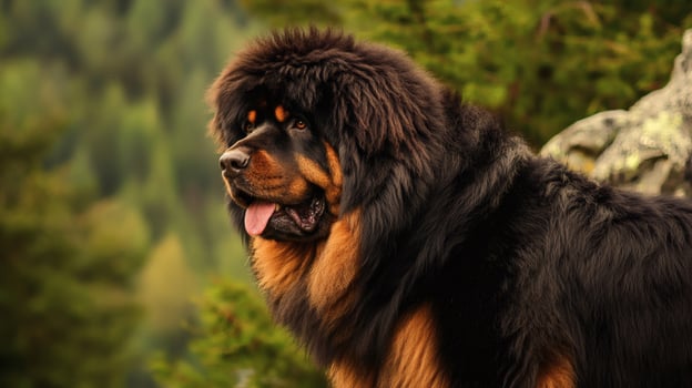 Majestic Tibetan Mastiff in a serene forest setting. photo