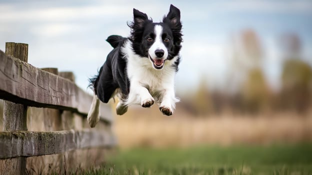 Energetic border collie leaps over wooden fence. photo