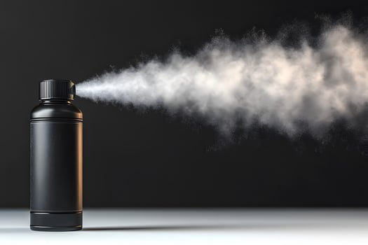 Black Spray Bottle Emitting Mist on Dark Background - Product Design photo