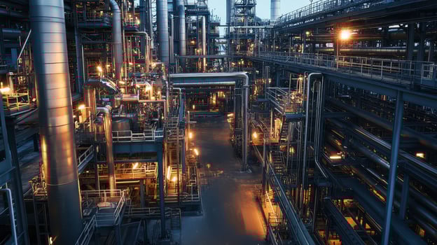 A complex industrial facility with pipes and machinery illuminated at night. photo