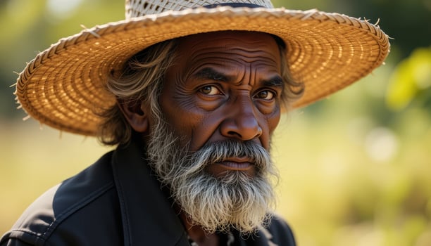 Thoughtful Elderly Man With Hat Gazing in Natural Rural Setting photo