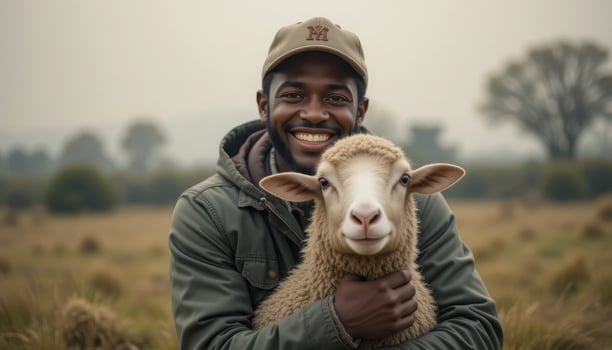 Smiling Man Holding Sheep in Lush Green Pasture Landscape photo