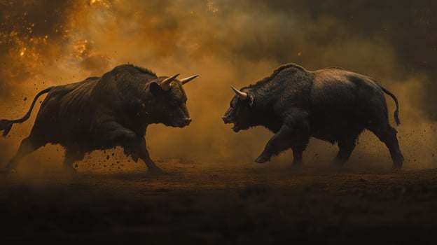 Two Black Bulls Facing Each Other in a Dusty Arena photo