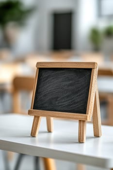 A rustic wooden-framed chalkboard sits on a desk in a classroom, featuring softly drawn alphabet letters. The top section is blank for additional text, making it ideal for educational activities photo