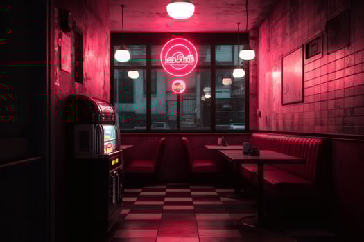 Vibrant retro diner ambiance with neon lights and checkered floors at dusk. photo