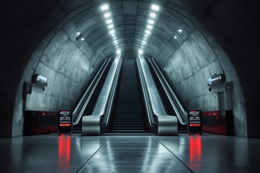 Underground escalators lead to a mysterious journey in a modern subway station. photo