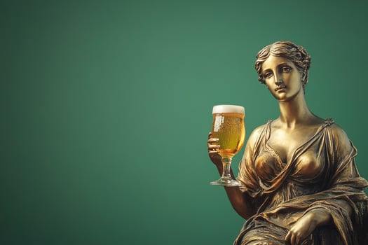 antique greek sculpture of woman with glass of cold tasty beer on green background with copy space photo