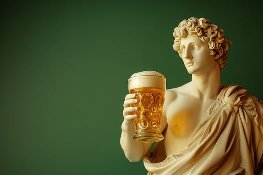 roman antique male statue holding glass of tasty fresh beer on green background with copy space photo