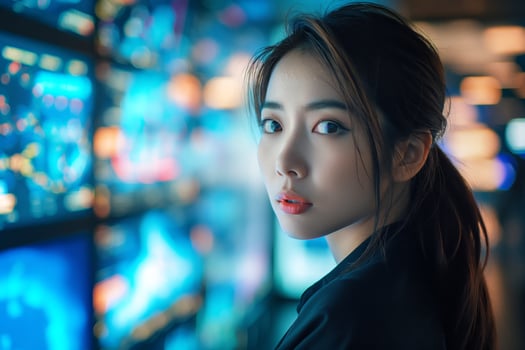 A contemplative Asian woman gazes at colorful digital screens, reflecting on the future of technology and innovation. photo