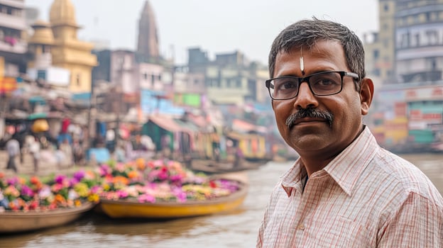 Local vendor smiles while showcasing colorful flowers by the riverside market in an Indian city during the early morning light photo