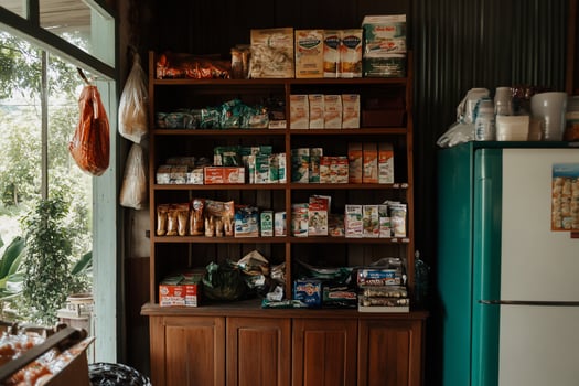 Wooden grocery shelves filled with various food items photo