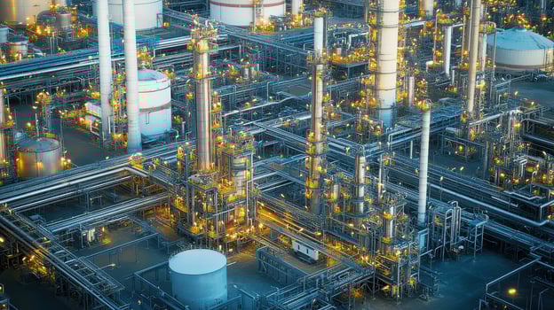 Aerial view of an industrial complex with pipes, tanks, and machinery illuminated at dusk photo