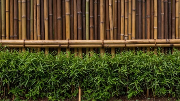 Bamboo Fence with Green Plants Background for Landscaping and Privacy photo