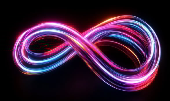 Glowing infinity symbol, vibrant pink, blue, and orange neon light trails on black background photo
