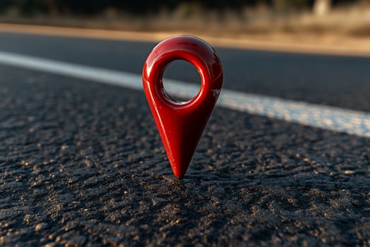 Red location marker on asphalt road photo