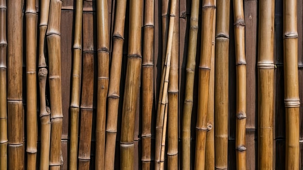Bamboo Stalks Arranged Vertically Against a Brown Wooden Background Texture photo